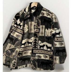 Women's Vintage Black Mountain All Over Wild Animal Fleece Jacket Small EC USA